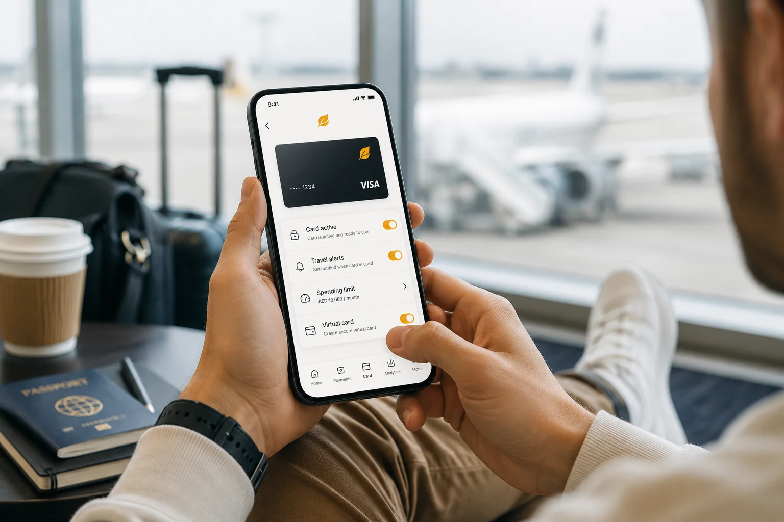 Traveler at an airport gate managing card controls like travel alerts, spending limit, and virtual card in a banking app