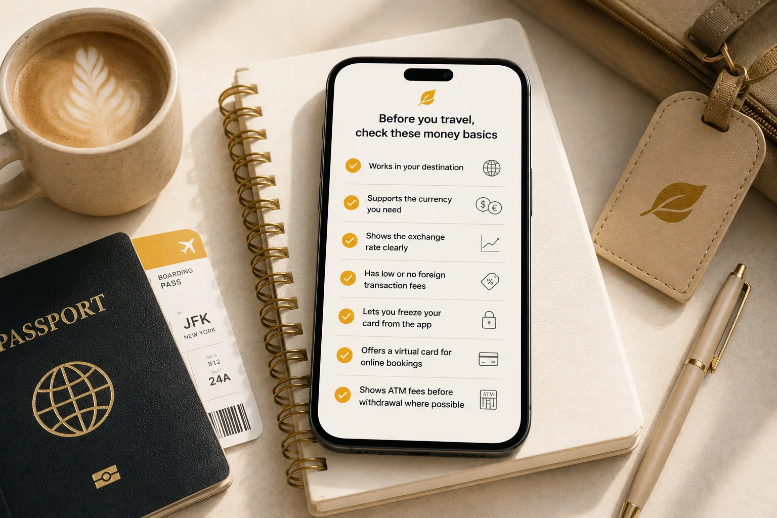 Phone on a travel notebook showing a pre-travel money basics checklist, next to a passport, boarding pass, and coffee