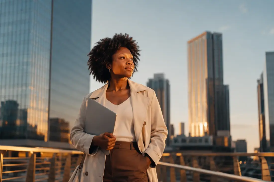 Woman walking through a city holding a laptop