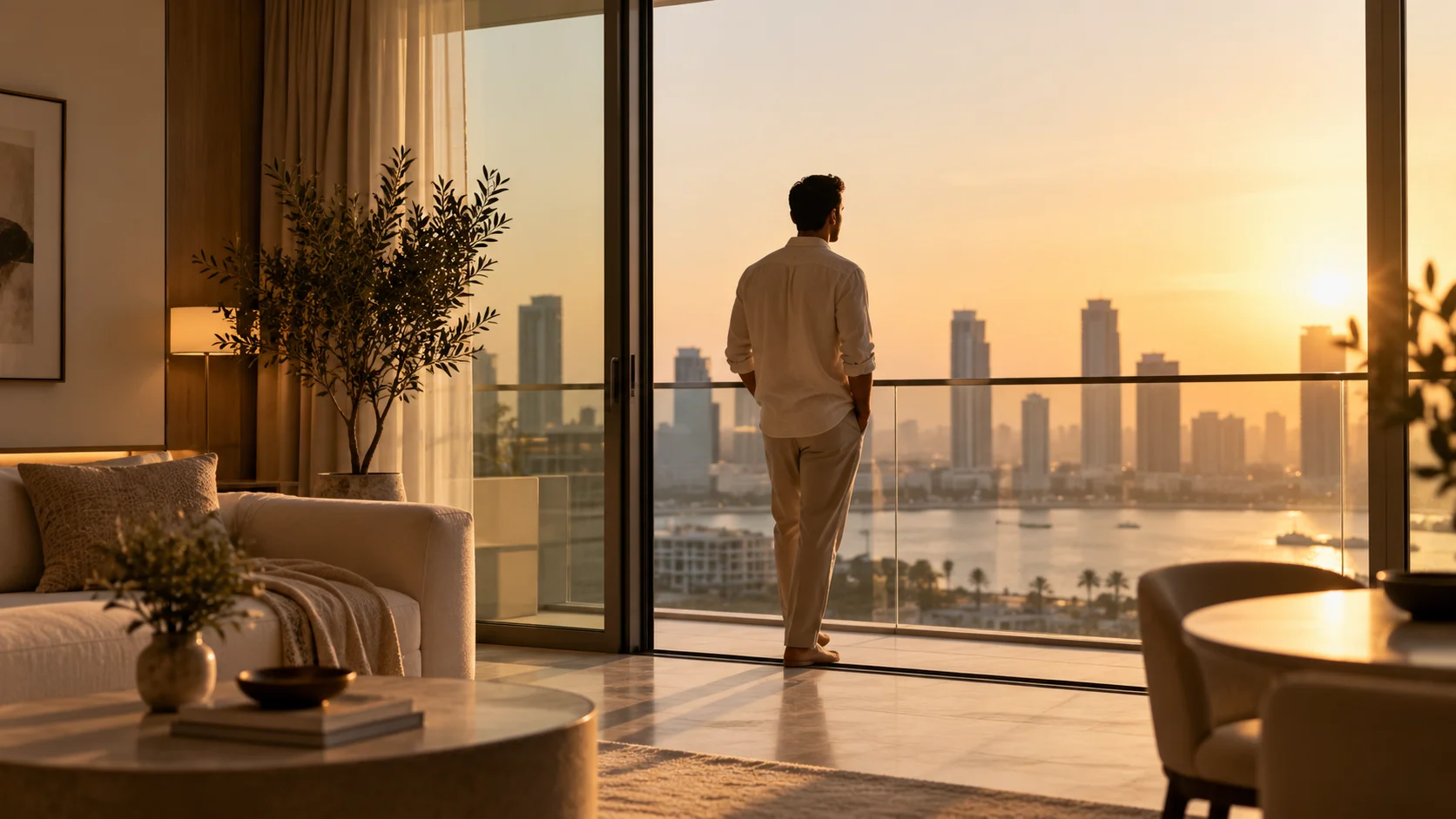 Person reviewing real estate investment options from a high-rise apartment balcony at sunset
