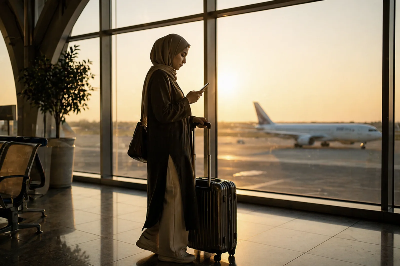 A traveler in a hijab with rolling luggage stands at an airport window at sunset, checking her phone with a plane visible on the tarmac