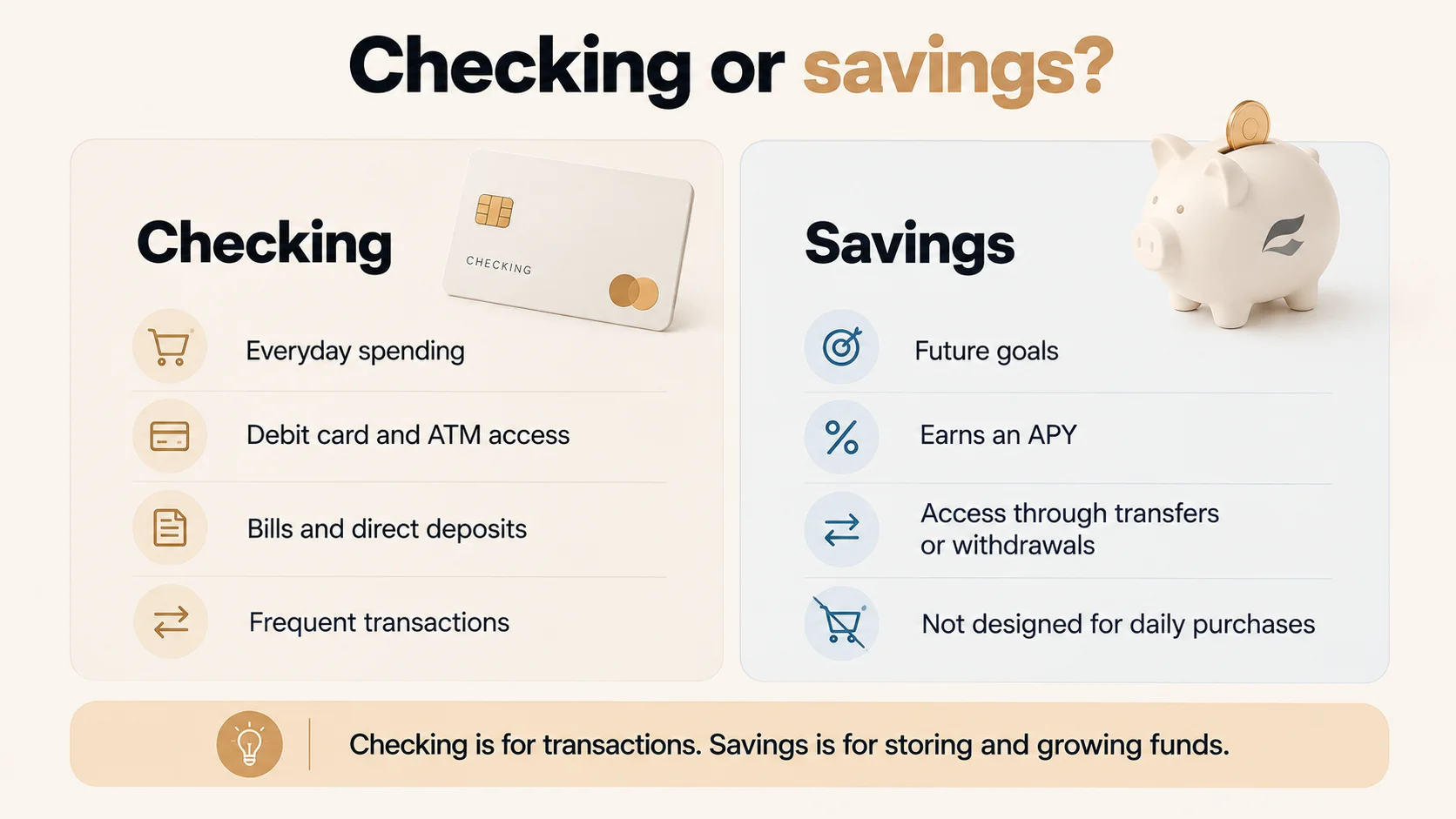 Checking or savings infographic comparing everyday spending features versus future goals and APY earnings