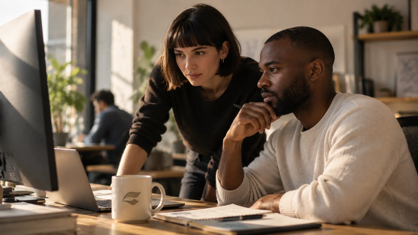People in an office discussing savings options