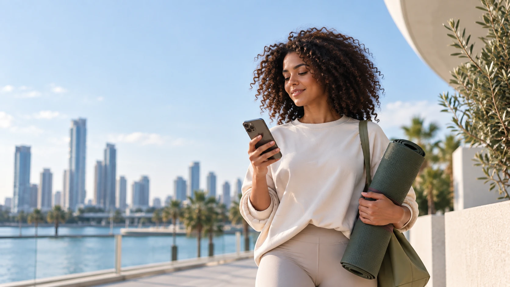 Woman With Yoga Mat And Phone