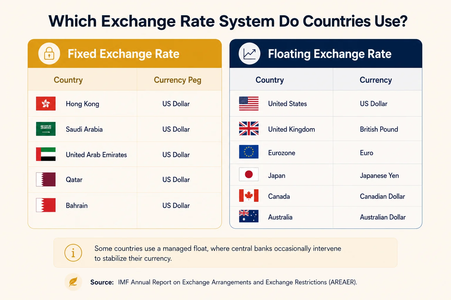 Infographic listing countries with fixed exchange rates pegged to the US dollar alongside major economies with floating currencies