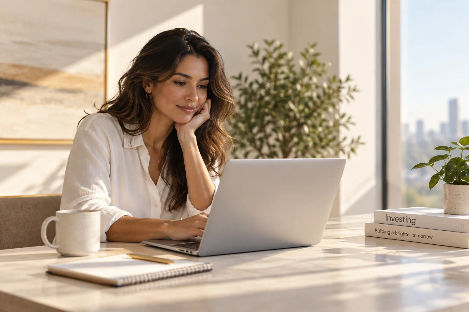 Woman using laptop to manage investments