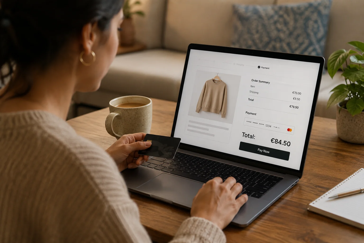 Woman paying for an online order in euros with her card at a laptop checkout screen