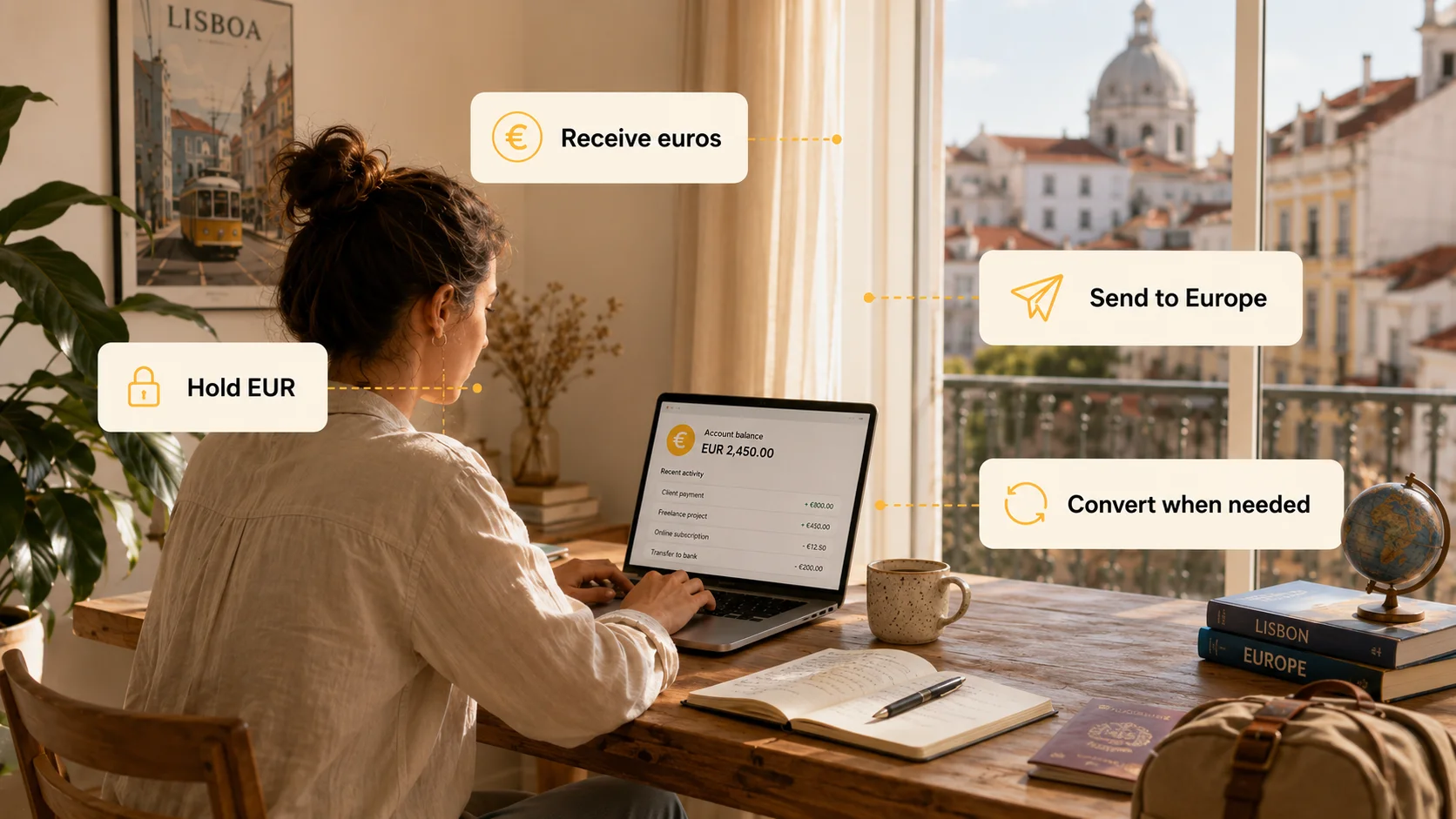 Person managing a euro balance online: receive euros, hold EUR, send to Europe, and convert when needed