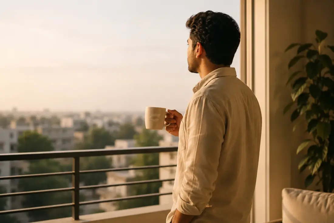 Man drinking coffee on a balcony overlooking the city