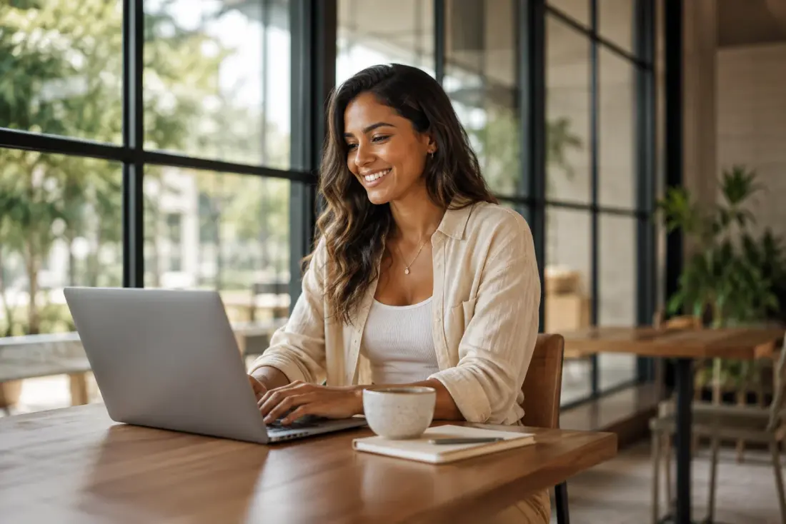 Woman working on a laptop at a wooden table by a window
