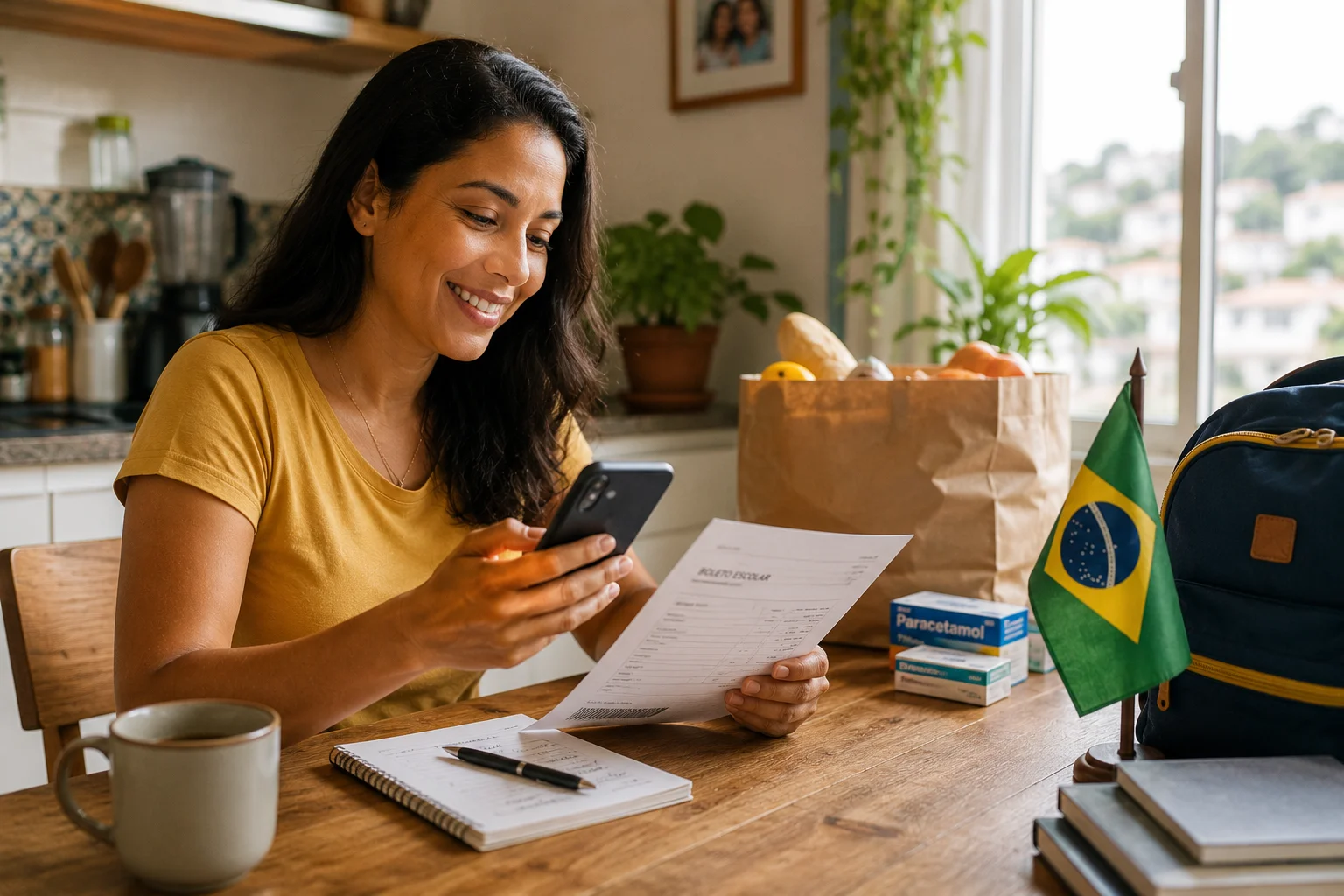 Woman reviewing a bill on her phone at a kitchen table with a Brazilian flag