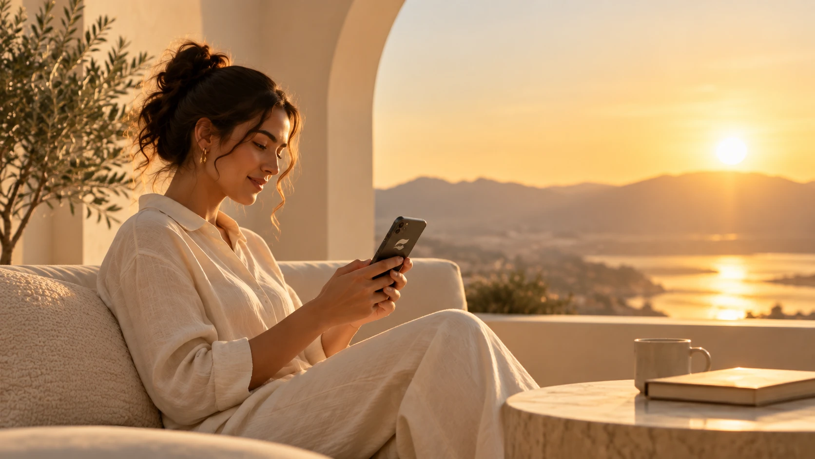Woman Using App At Sunset