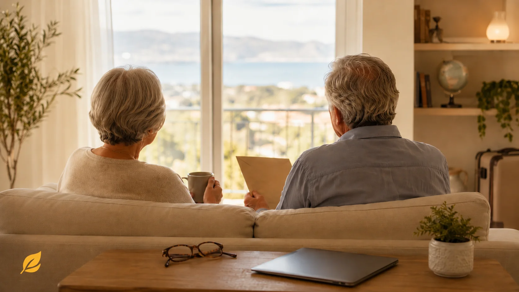 Retired couple reviewing pension paperwork at home abroad