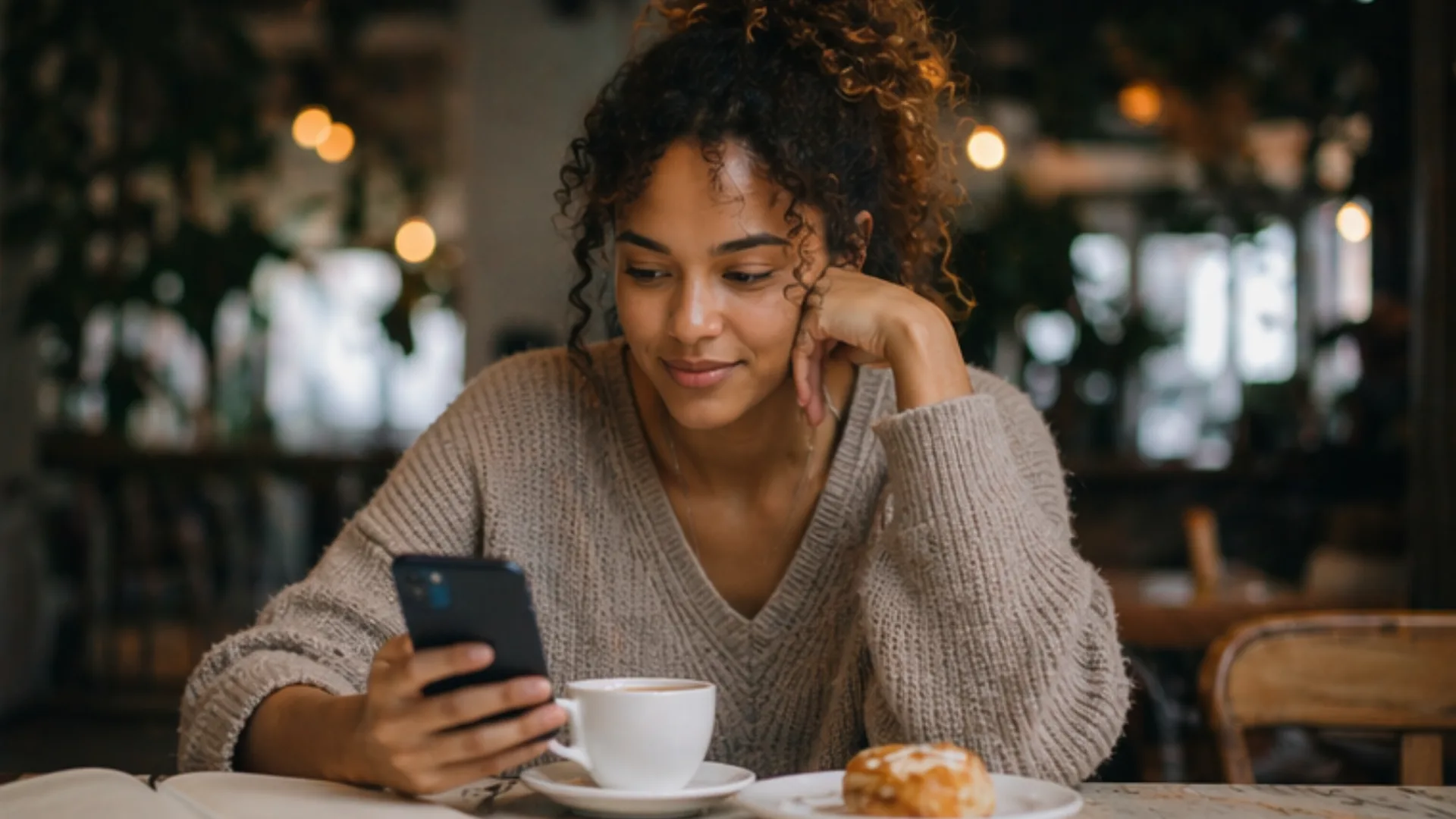 A woman sits at a cafe table reading her phone over a cup of coffee and pastry