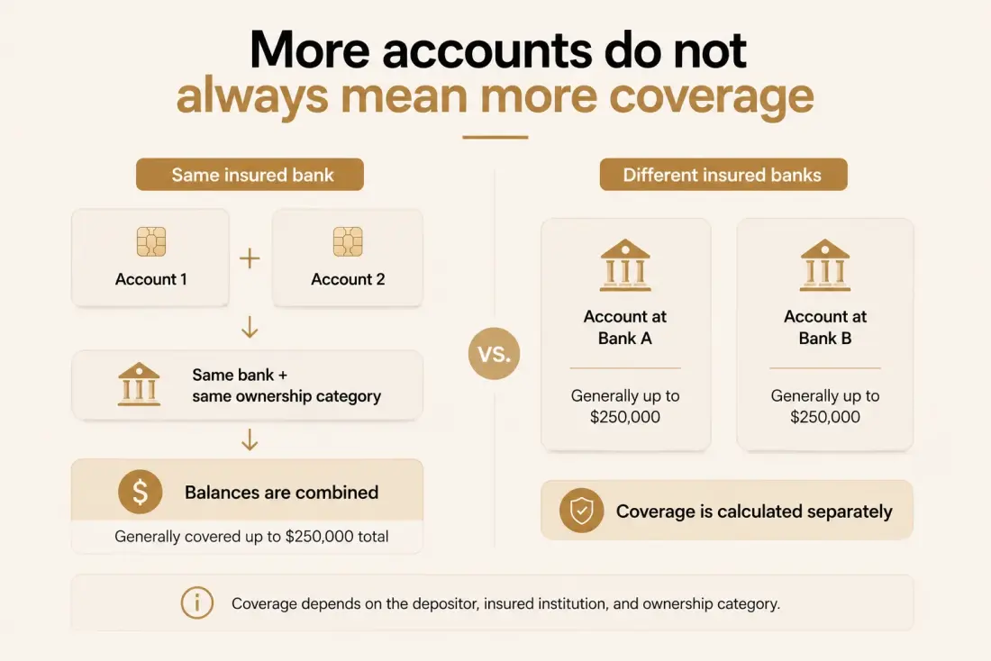 More accounts do not always mean more coverage: same insured bank combines balances, different insured banks calculate coverage separately