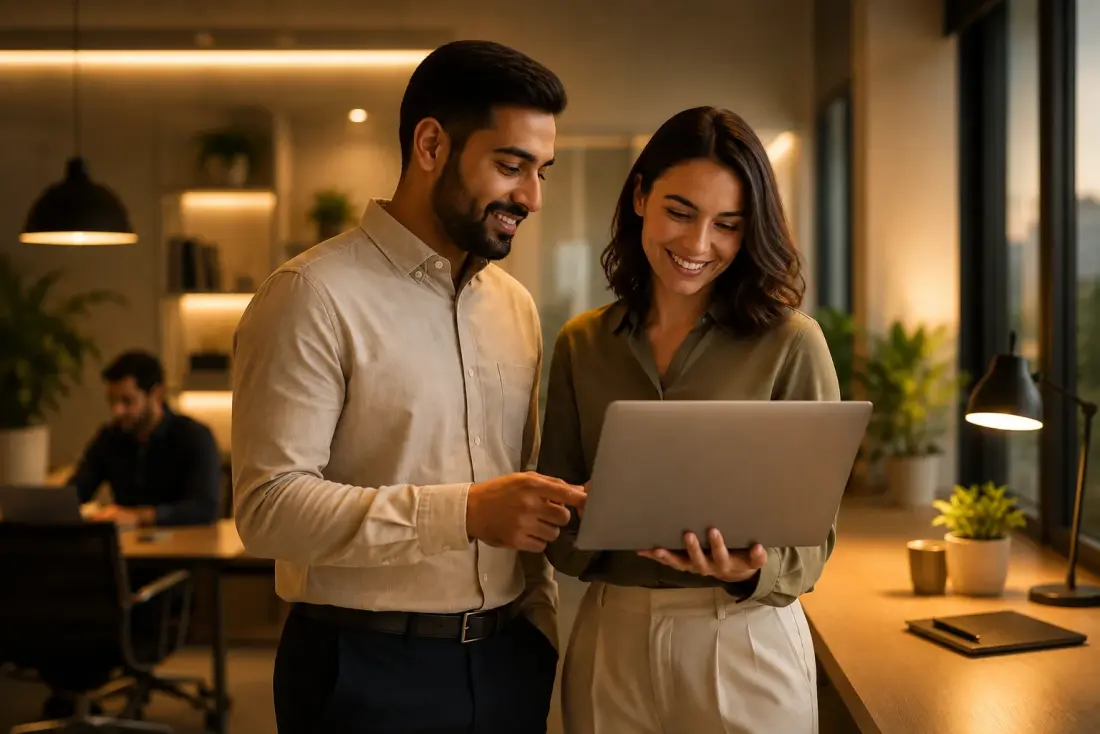 Two people looking at a laptop together in an office