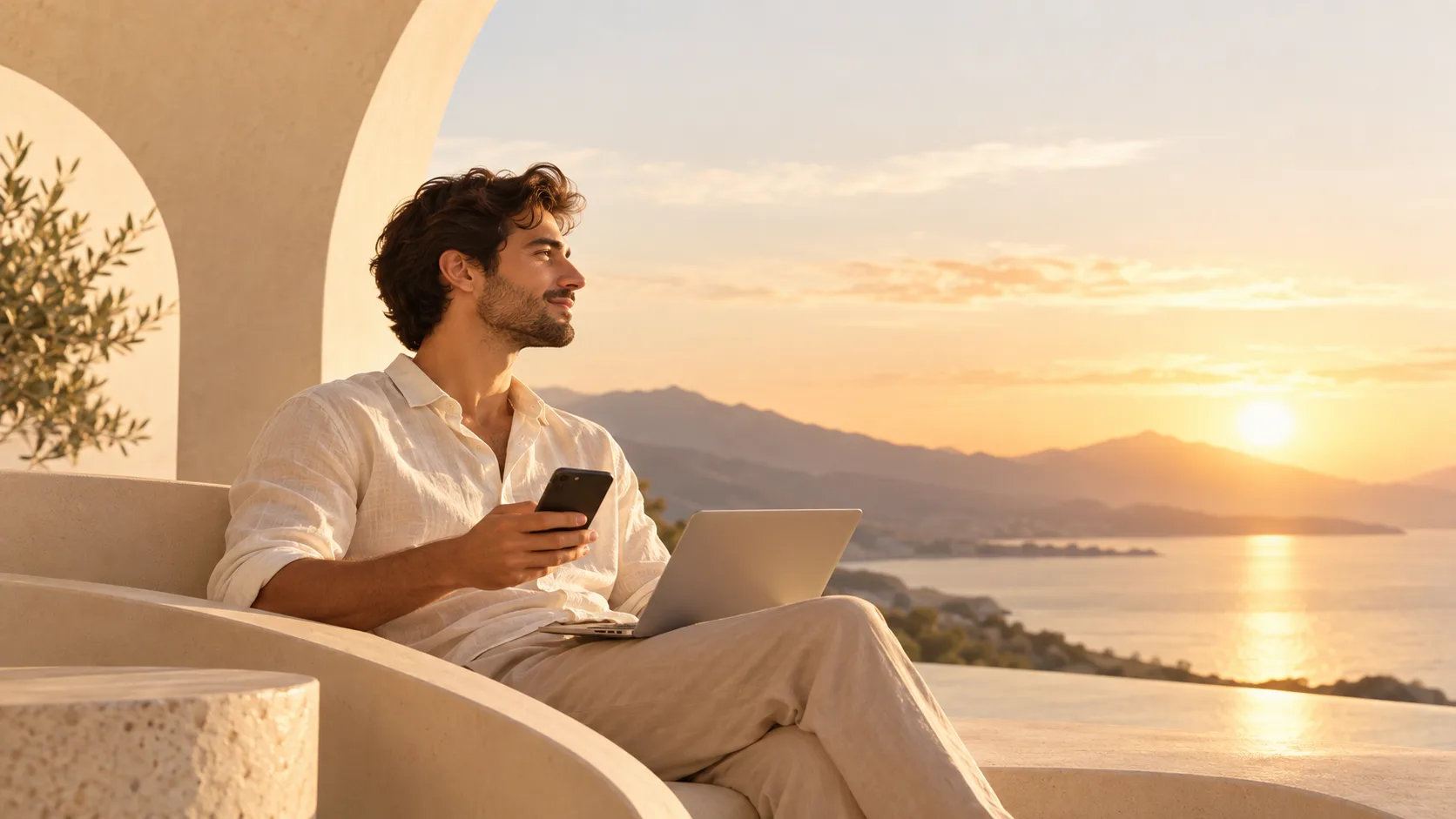 Person relaxing outdoors with a phone and laptop, representing the digital access to savings and investment platforms