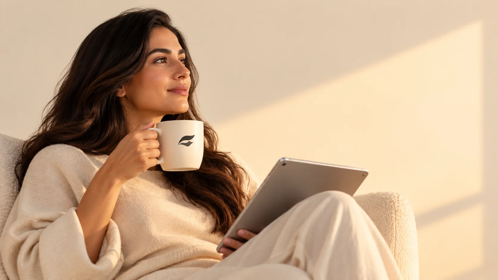 Person relaxing with a PureFi mug and tablet while reviewing investment options