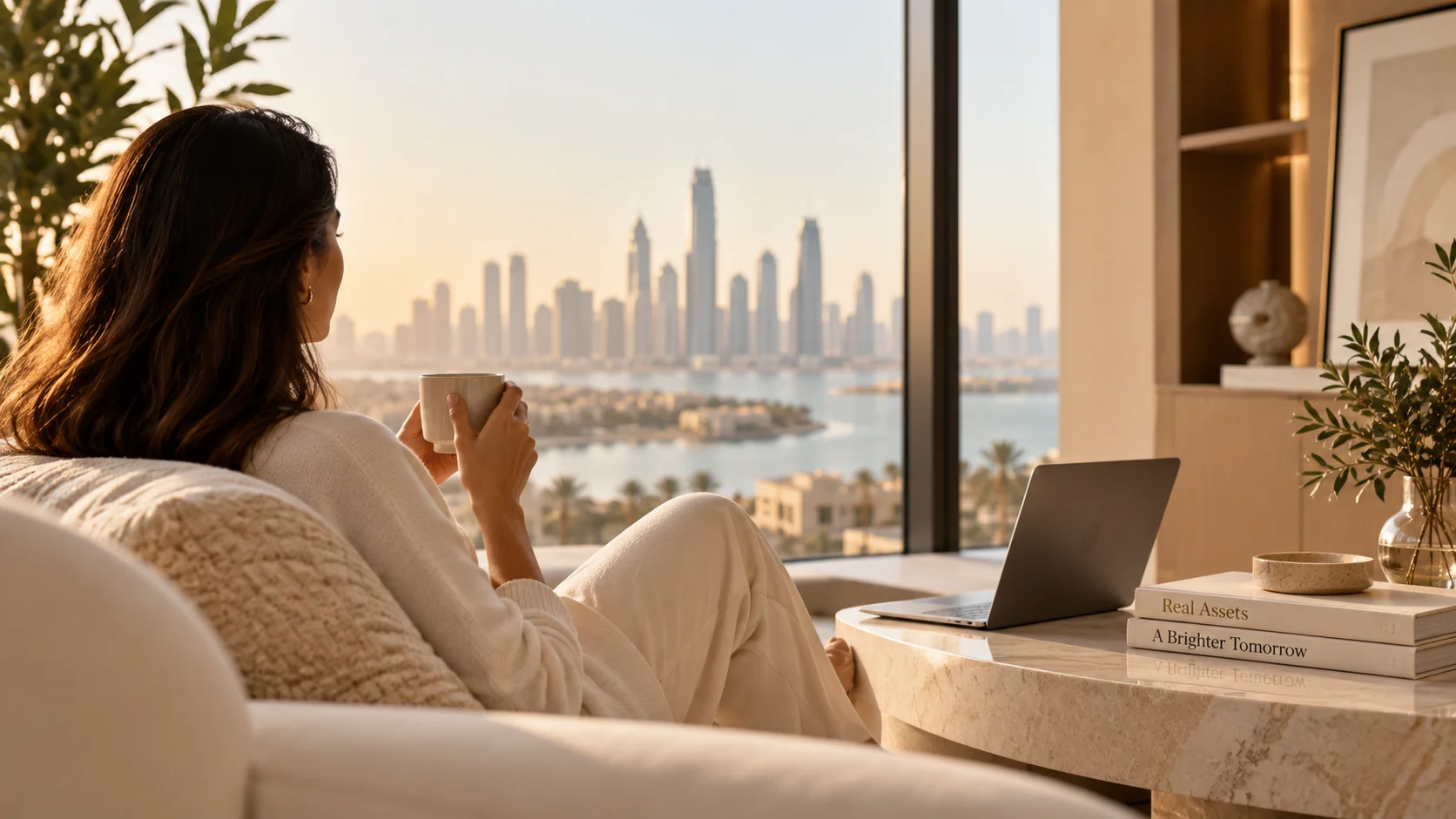 Investor researching real estate options from a high-rise apartment with city views