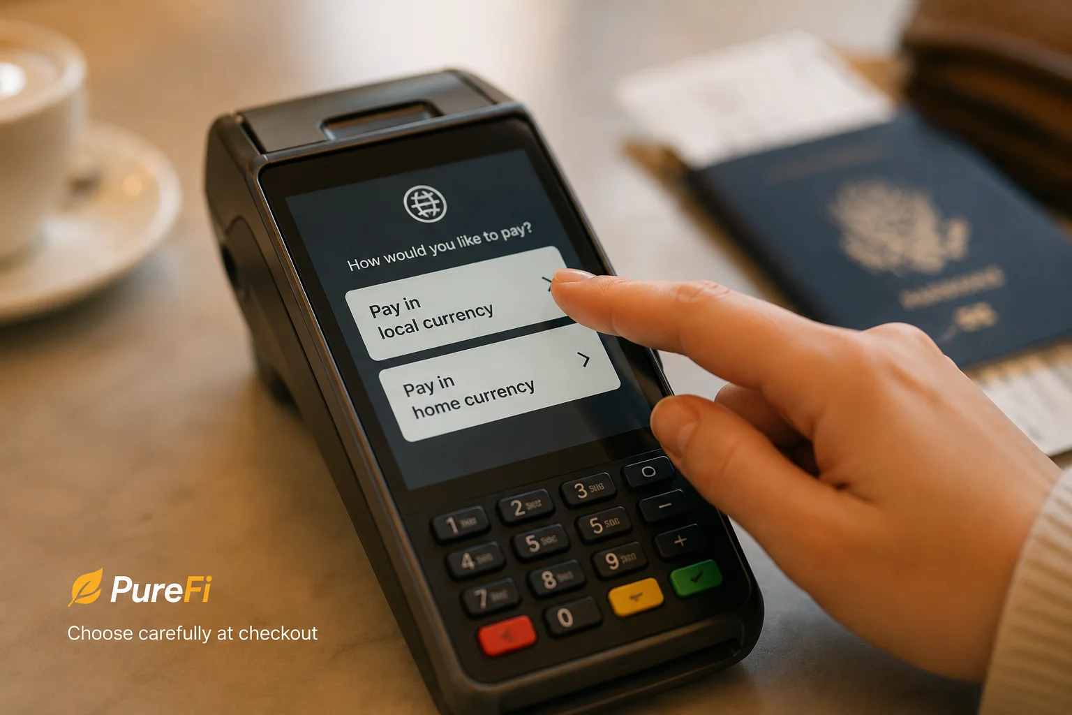 Hand choosing between paying in local currency and home currency on a card payment terminal, with a passport nearby