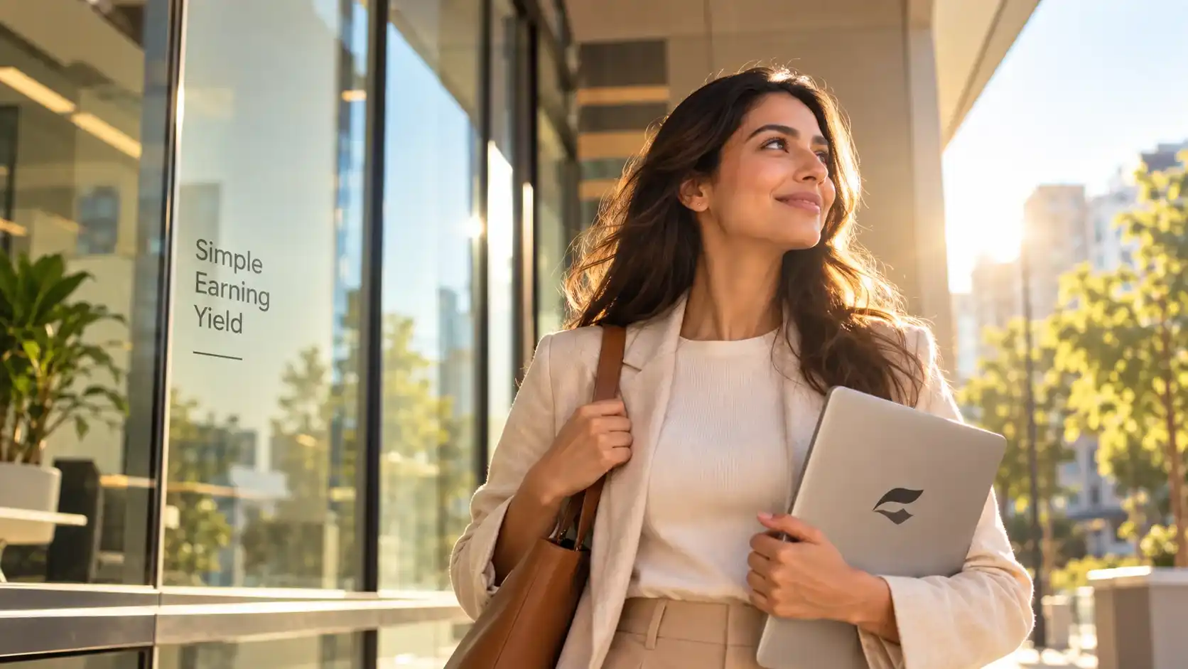 Woman holding a laptop outdoors near a sign reading Simple Earning Yield