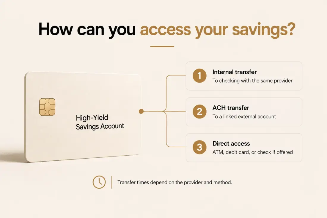 How can you access your savings: internal transfer, ACH transfer, or direct access via ATM, debit card, or check