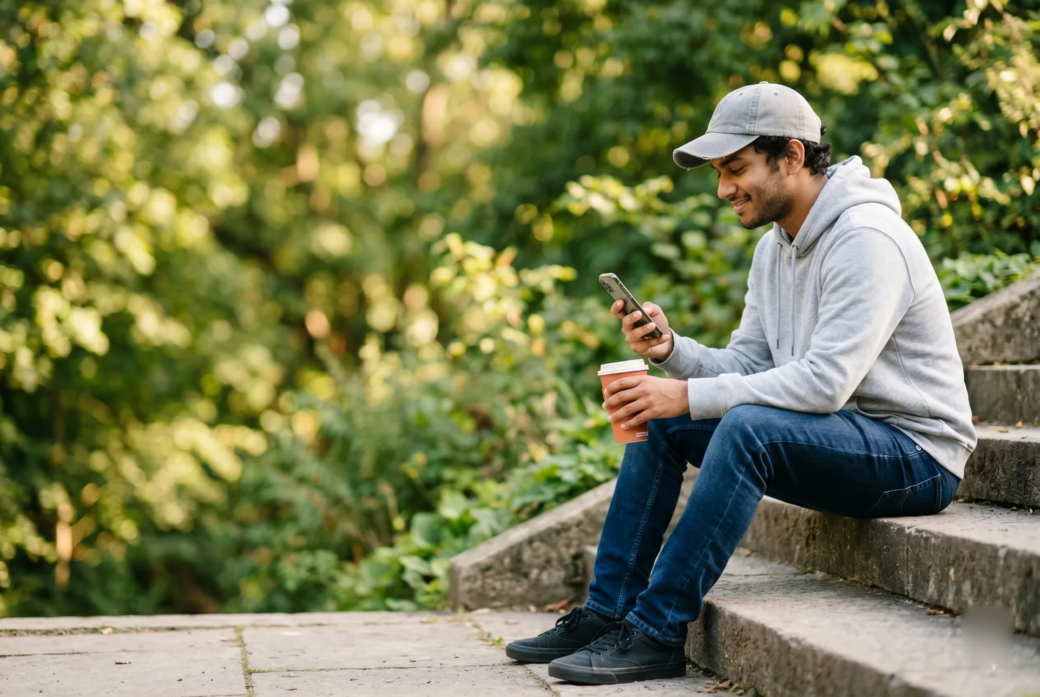 A PureFi customer checking the app over coffee