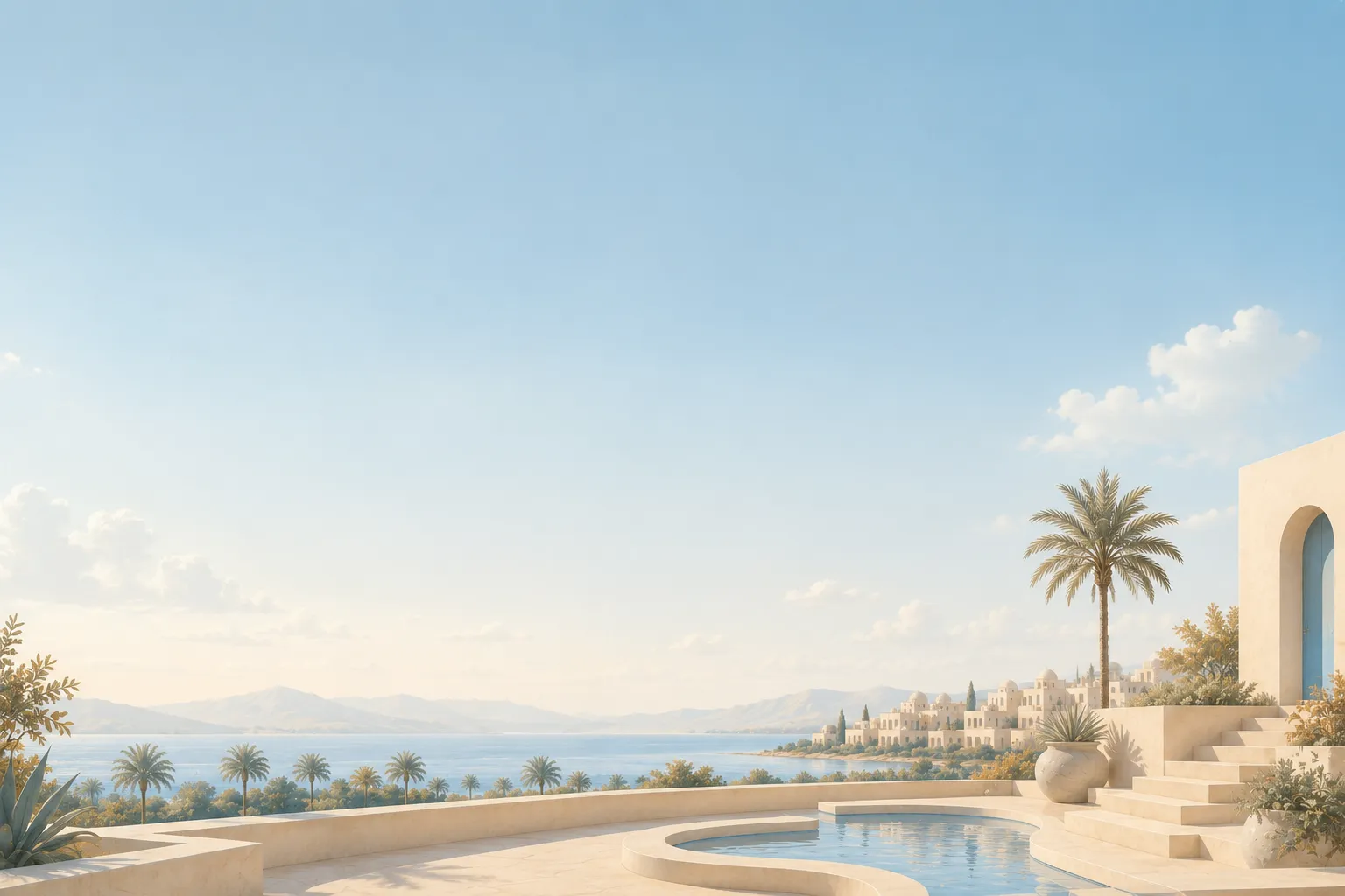 A calm Mediterranean coastline at golden hour