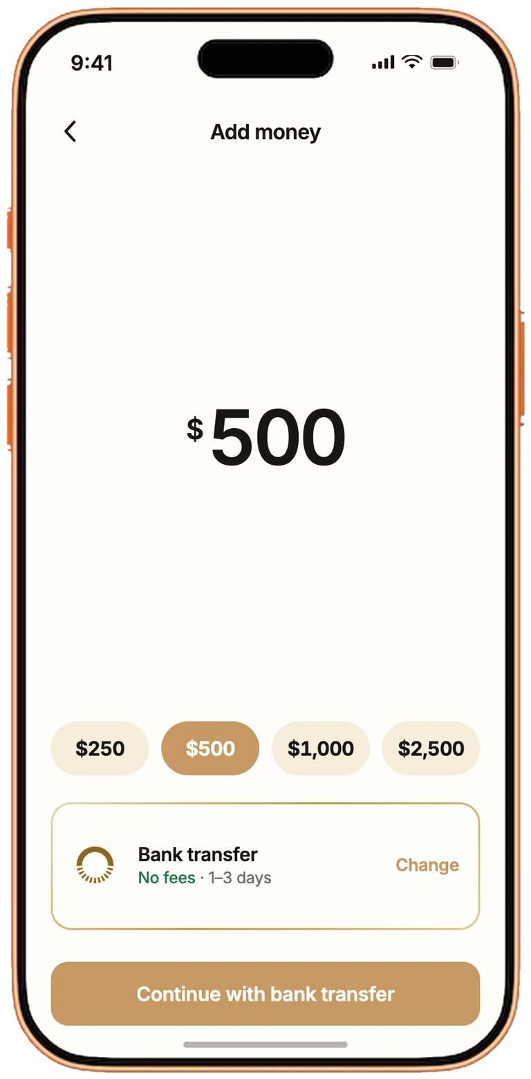 The PureFi app adding $500 by bank transfer