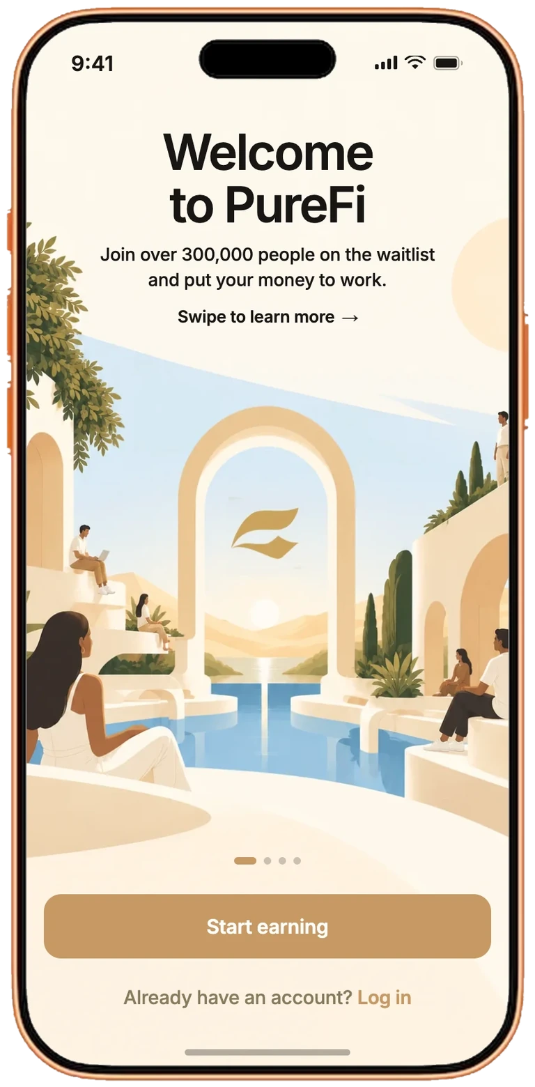 The PureFi app welcome screen with a Start earning button