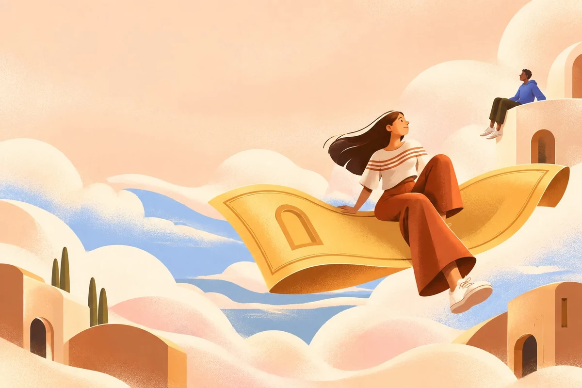 Illustration of a woman riding a golden banknote through the clouds above a seaside town