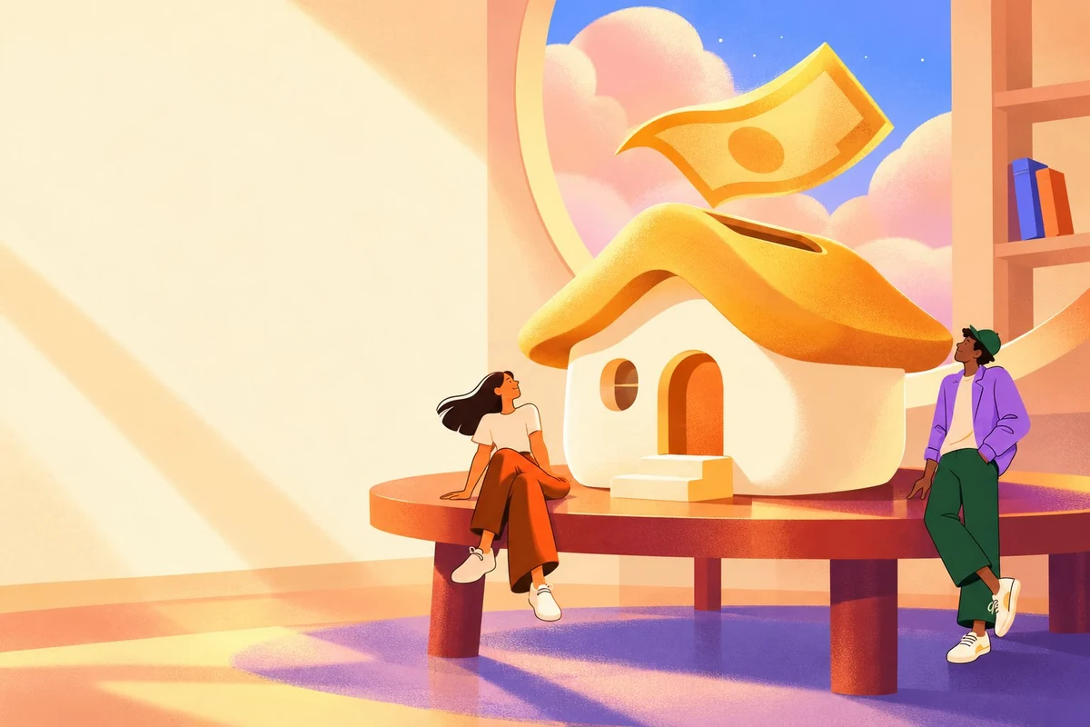 Illustration of two friends beside a house shaped money box as a golden banknote drops into its roof
