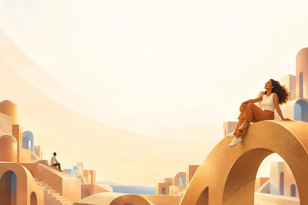 Illustration of people resting on golden arches above a seaside town