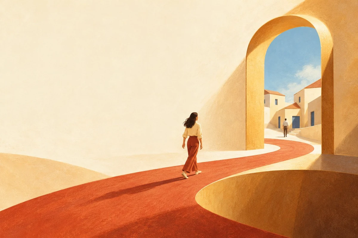Illustration of a woman walking a warm path through a golden arch toward a sunny village of homes