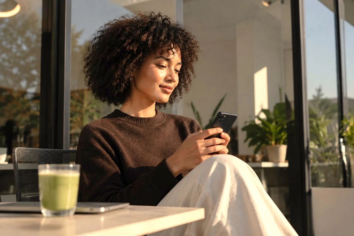 A woman at a cafe table reading her phone