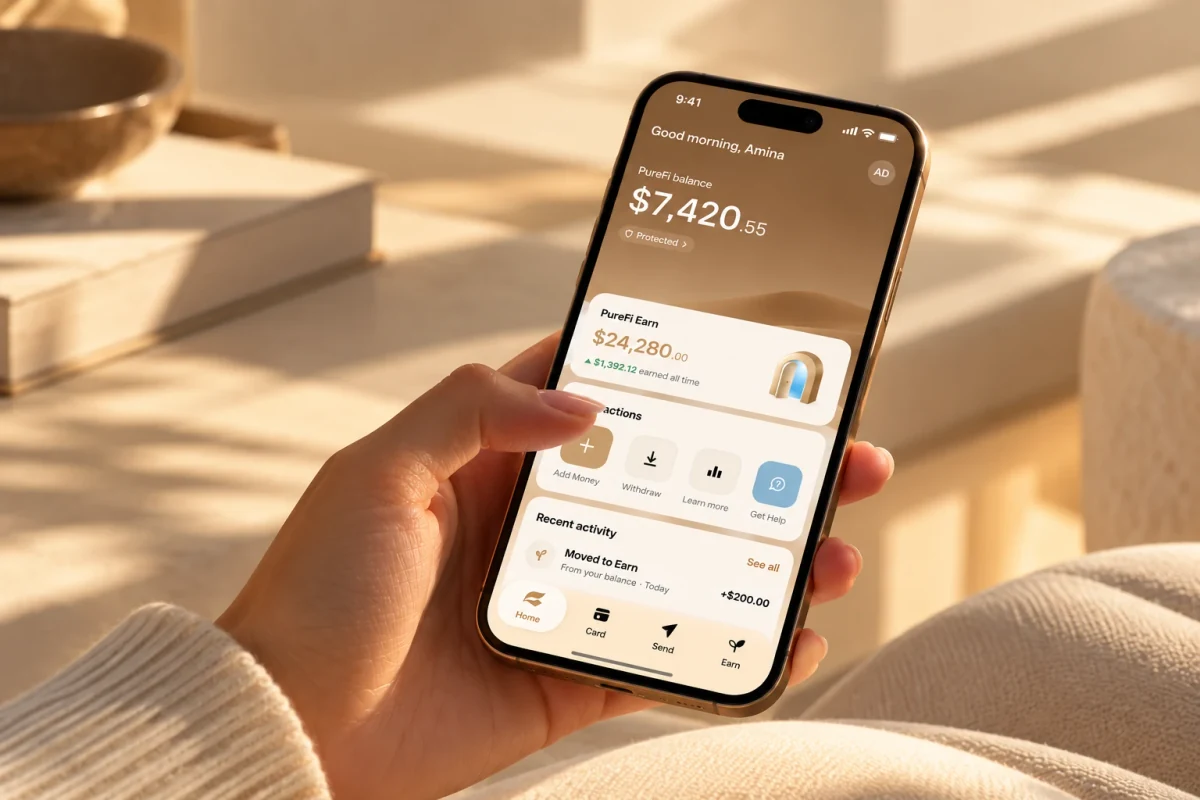 A hand holding a phone open on the PureFi home screen, in warm morning light
