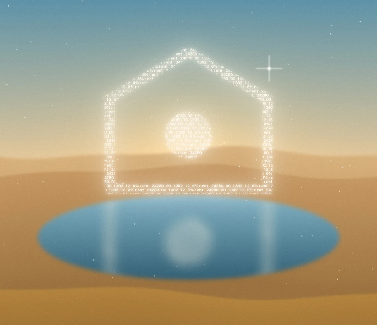 A glowing house made of numbers floating over an oasis in the dunes