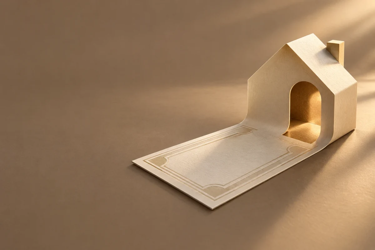 A paper house folding up out of a banknote on a warm brown surface