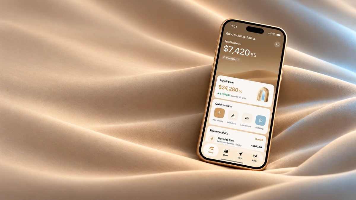 The PureFi app home screen showing a $7,420 balance and $24,280 in PureFi Earn, on a phone resting on softly lit sand-coloured silk