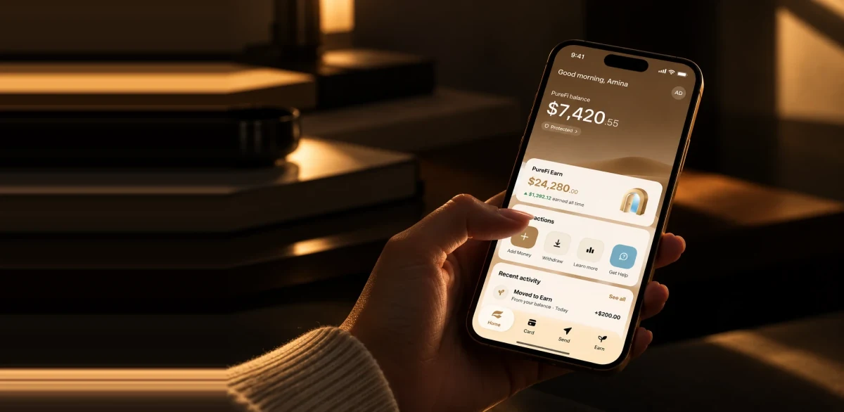 A hand holding a phone open on the PureFi home screen, from morning through to night