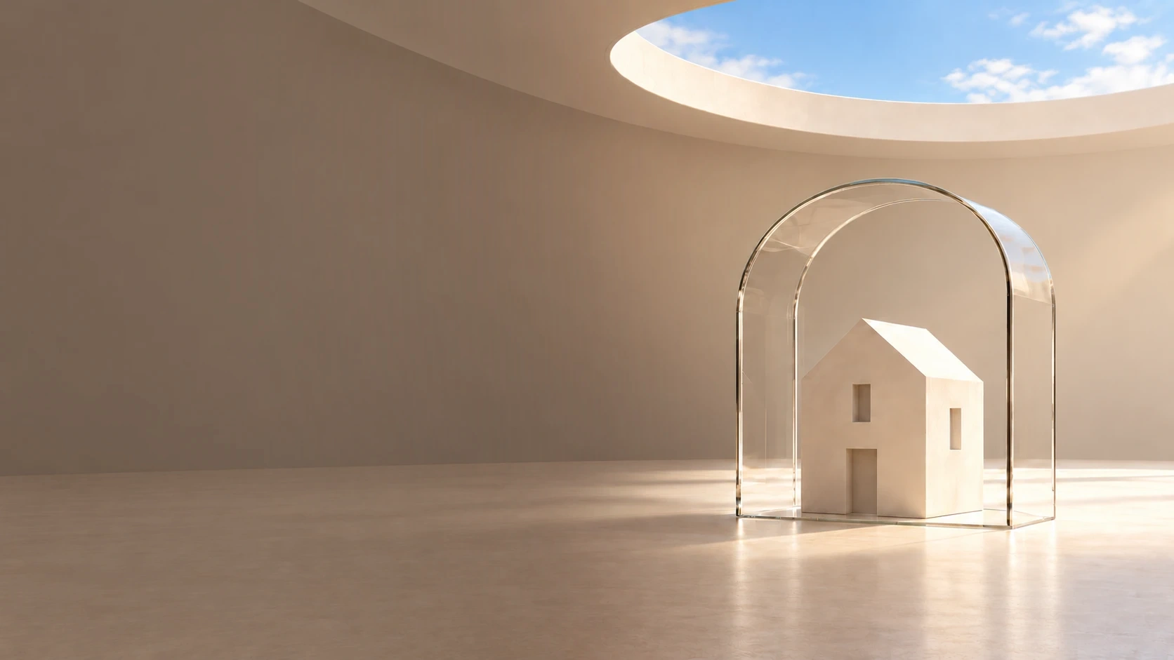 A small model house under a clear glass arch, beneath a round skylight