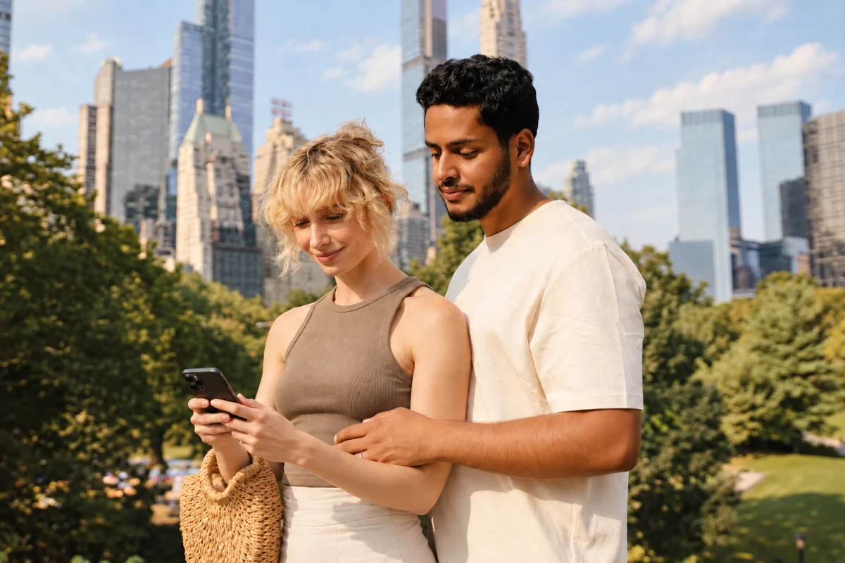A couple in a city park smiling at a phone together, with the skyline behind them